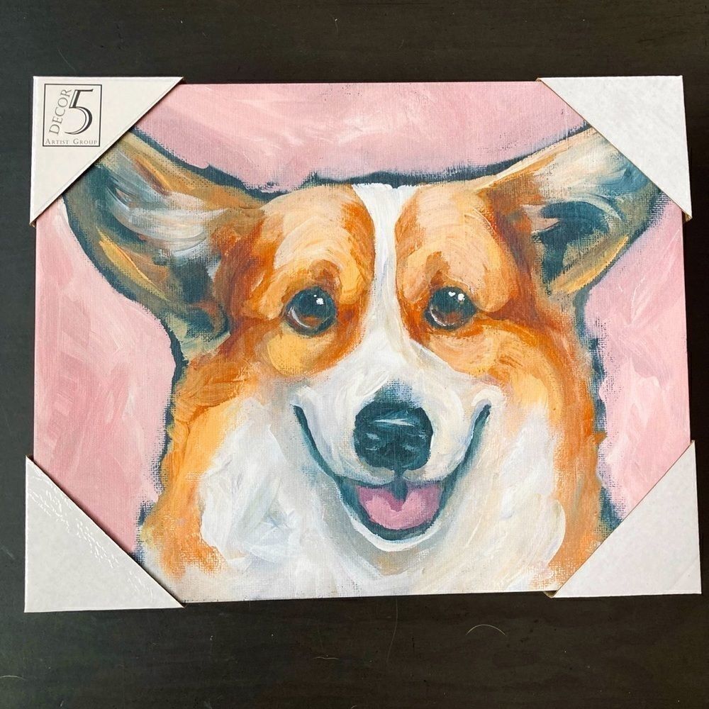 Corgi Dog Smiling Portrait Pink Canvas Mounted Wall Art Decor